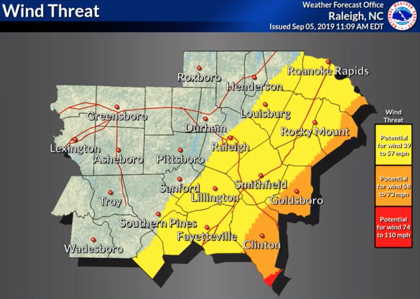 Projected wind impacts for the region as of Thursday morning